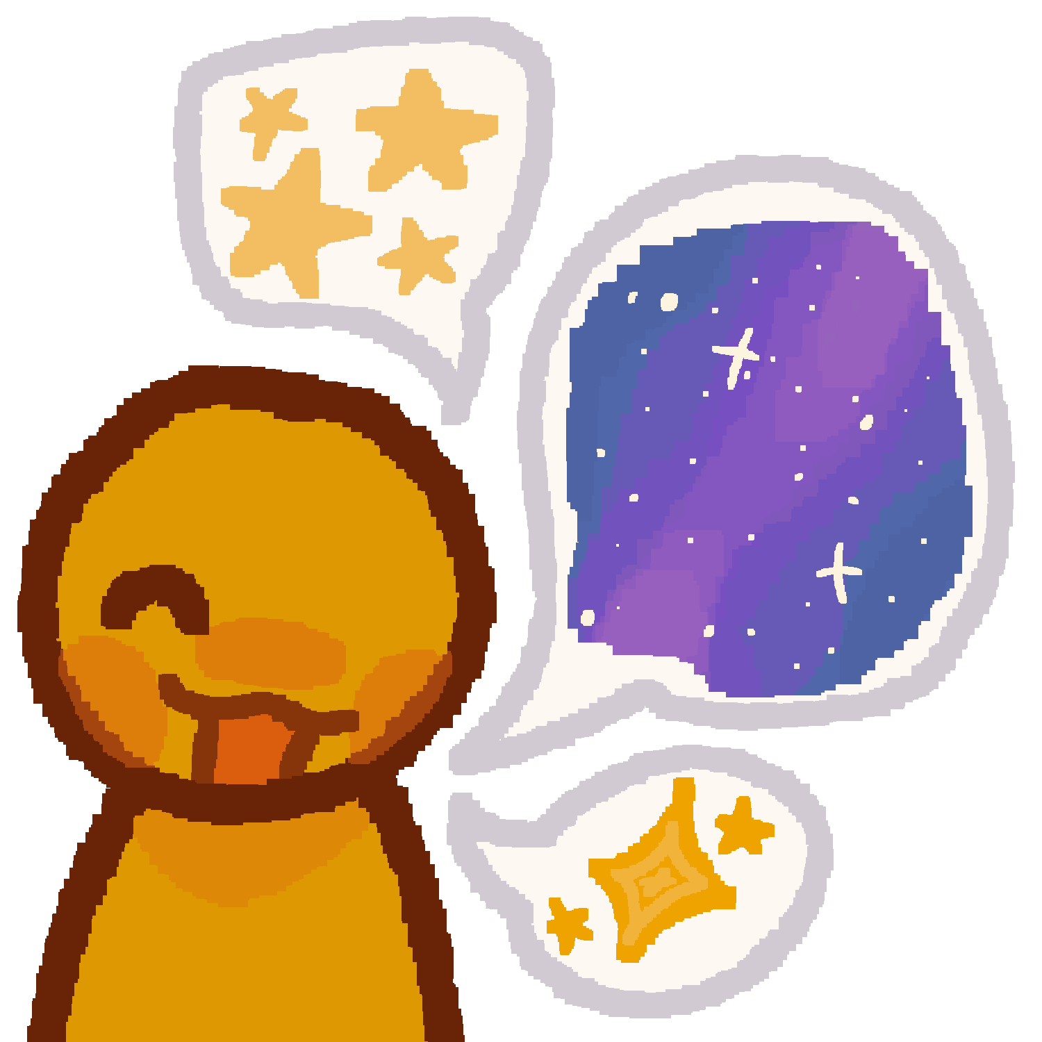  A yellow person with a happy expression on their face and three speech bubbles coming from them. Inside the speech bubble from top to bottom are four yellow five-pointed stars, a depictions of space, and one large four-pointed star with two small five-pointed stars on either side of it.